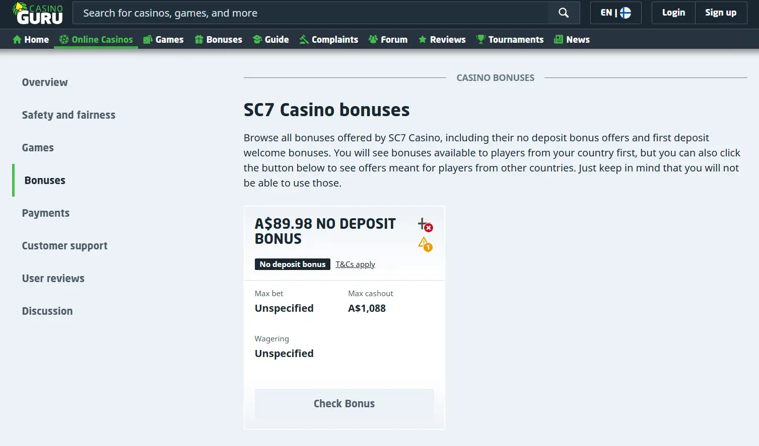 SC7 bonus listing showing the A$89.98 no-deposit offer and visible term fields