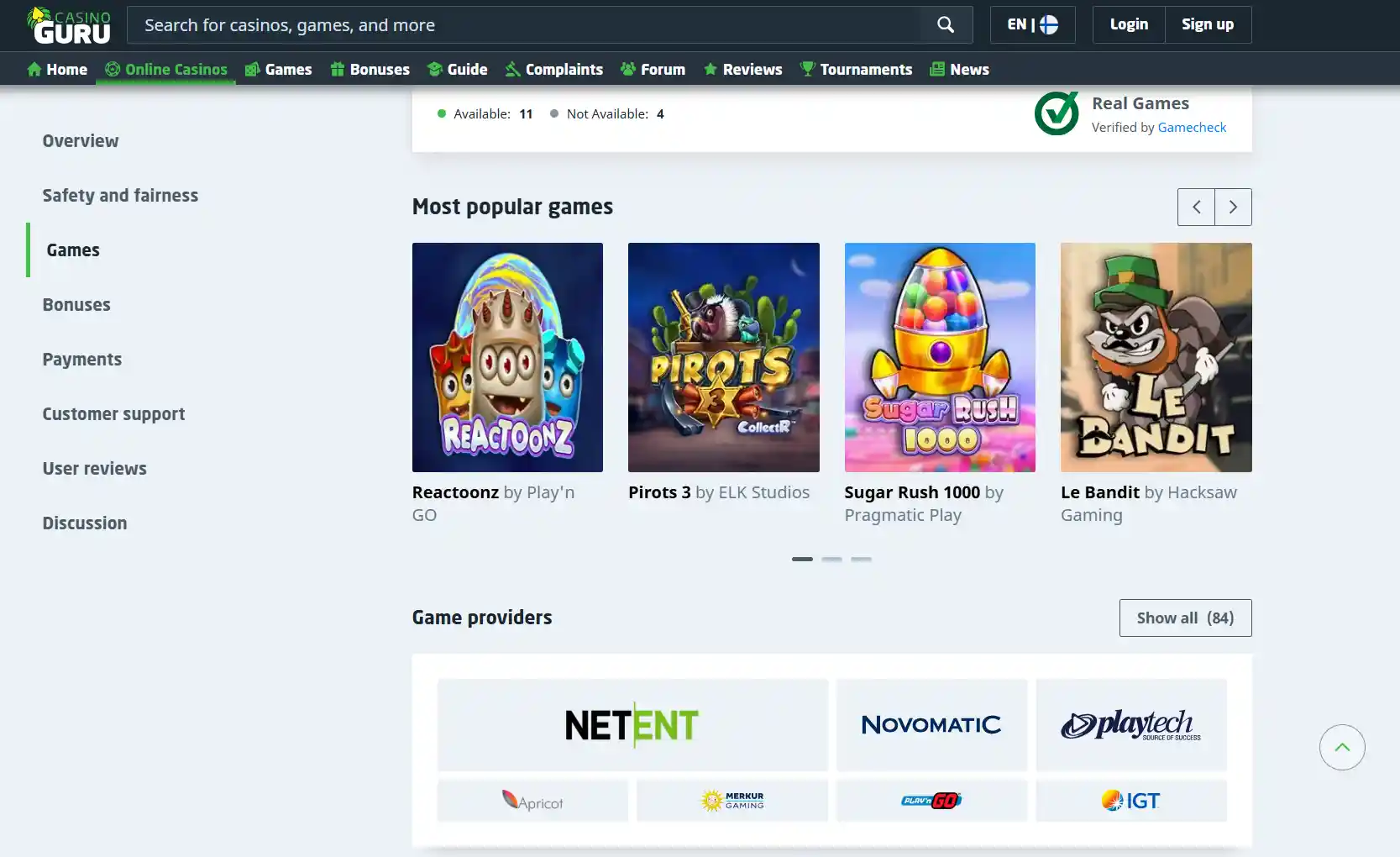 SC7 game category and provider section showing listed game types and the provider count