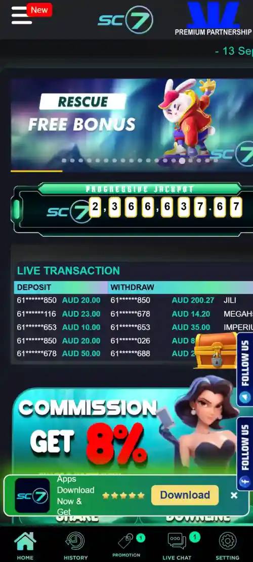 SC7 Sacino7 homepage displayed in a mobile browser viewport for interface and domain identification