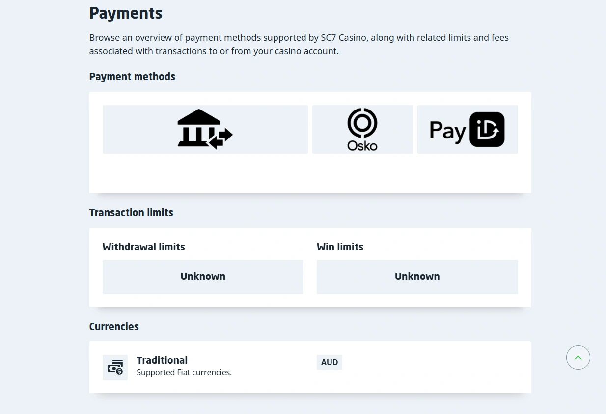 SC7 payments panel showing PayID, Osko, AUD and unknown withdrawal-limit status