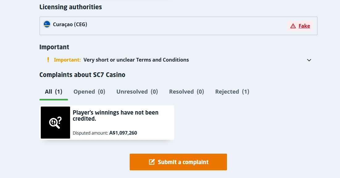 Casino Guru SC7 safety and licensing section showing the 4.9 Low Safety Index and licence assessment