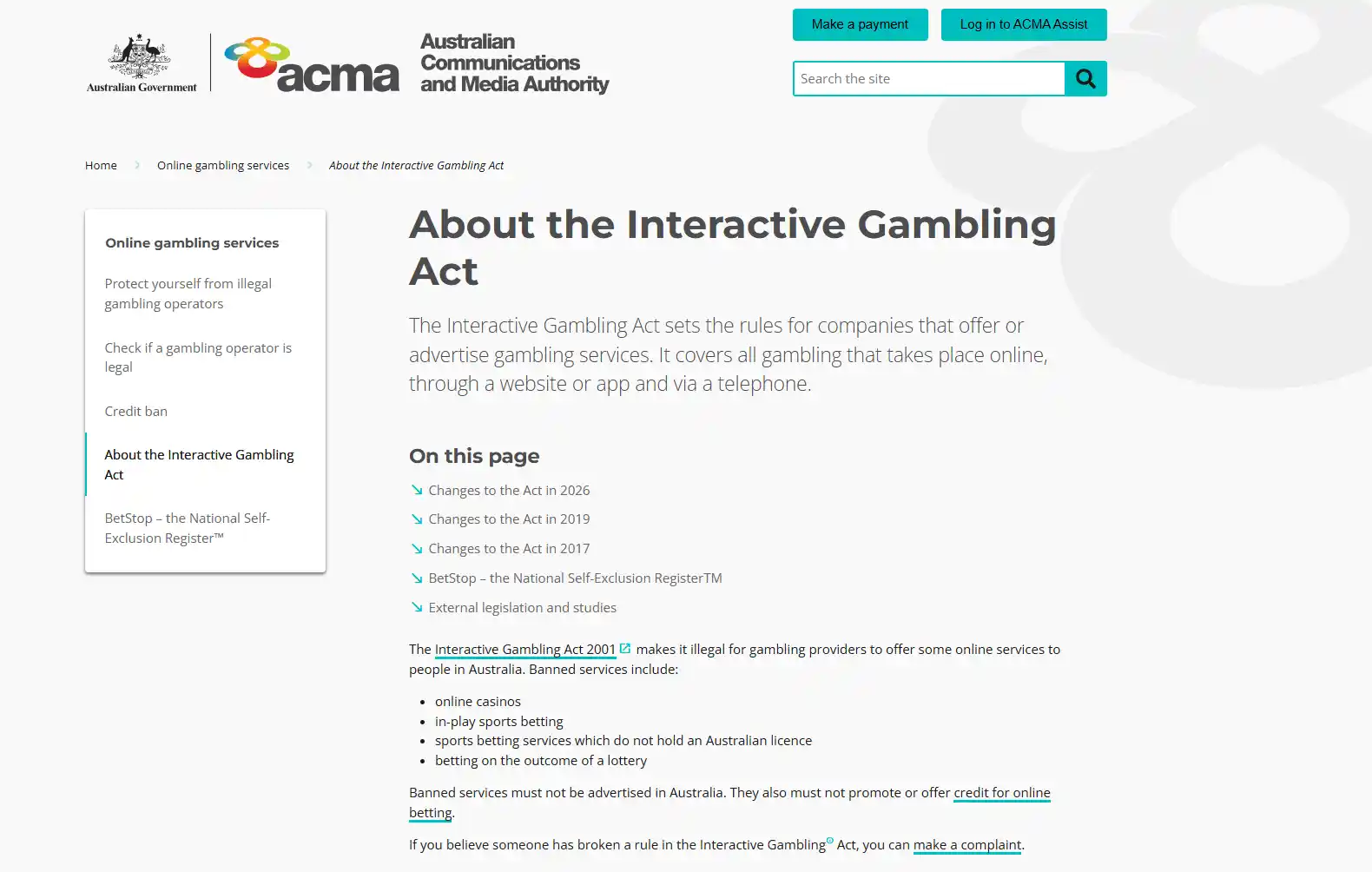 ACMA information explaining prohibited online casino services and the Australian licensed provider framework