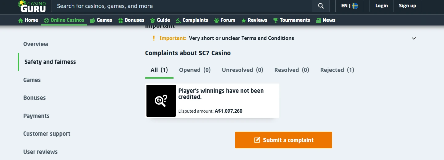 Casino Guru SC7 complaint panel showing one total complaint and its rejected status