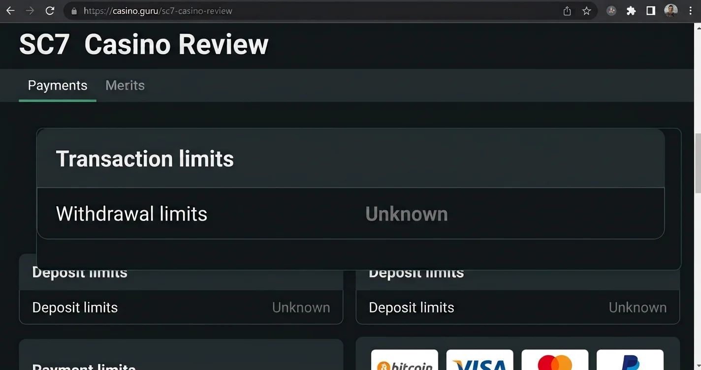SC7 transaction limits panel showing withdrawal limits as Unknown